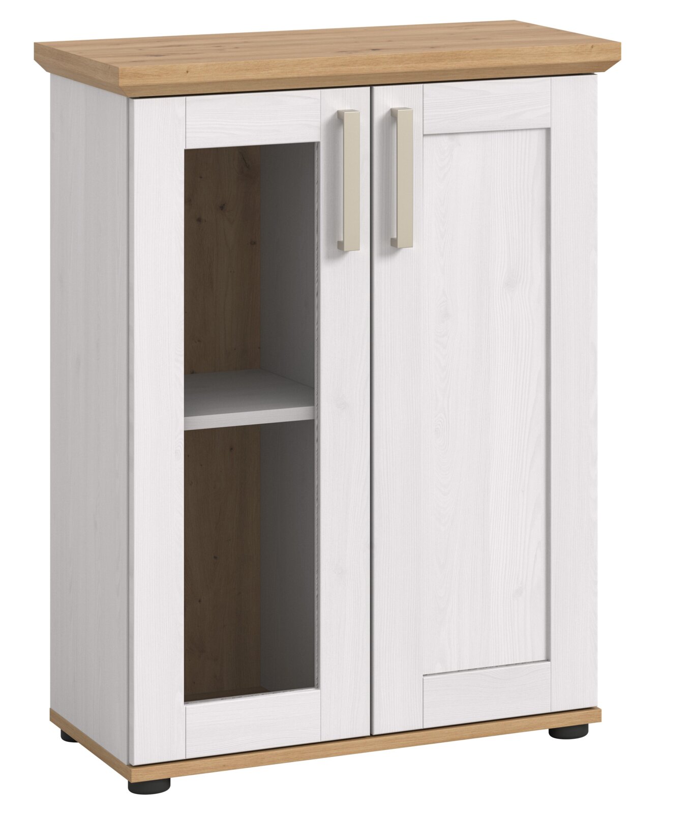 Vitrine mit zwei Türen, eine mit Glaseinsatz, in Holzoptik, Frontalansicht