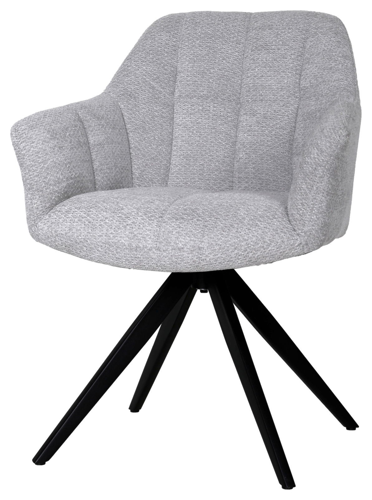 Grauer Armlehnstuhl mit gepolstertem Sitz und schwarzem Metallgestell, seitliche Perspektive