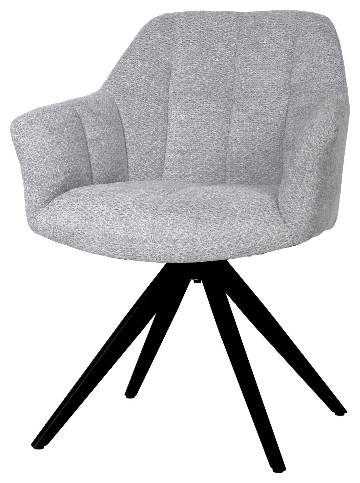 Grauer Armlehnstuhl mit gepolstertem Sitz und schwarzem Metallgestell, seitliche Perspektive