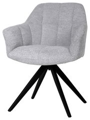 Grauer Armlehnstuhl mit gepolstertem Sitz und schwarzem Metallgestell, seitliche Perspektive