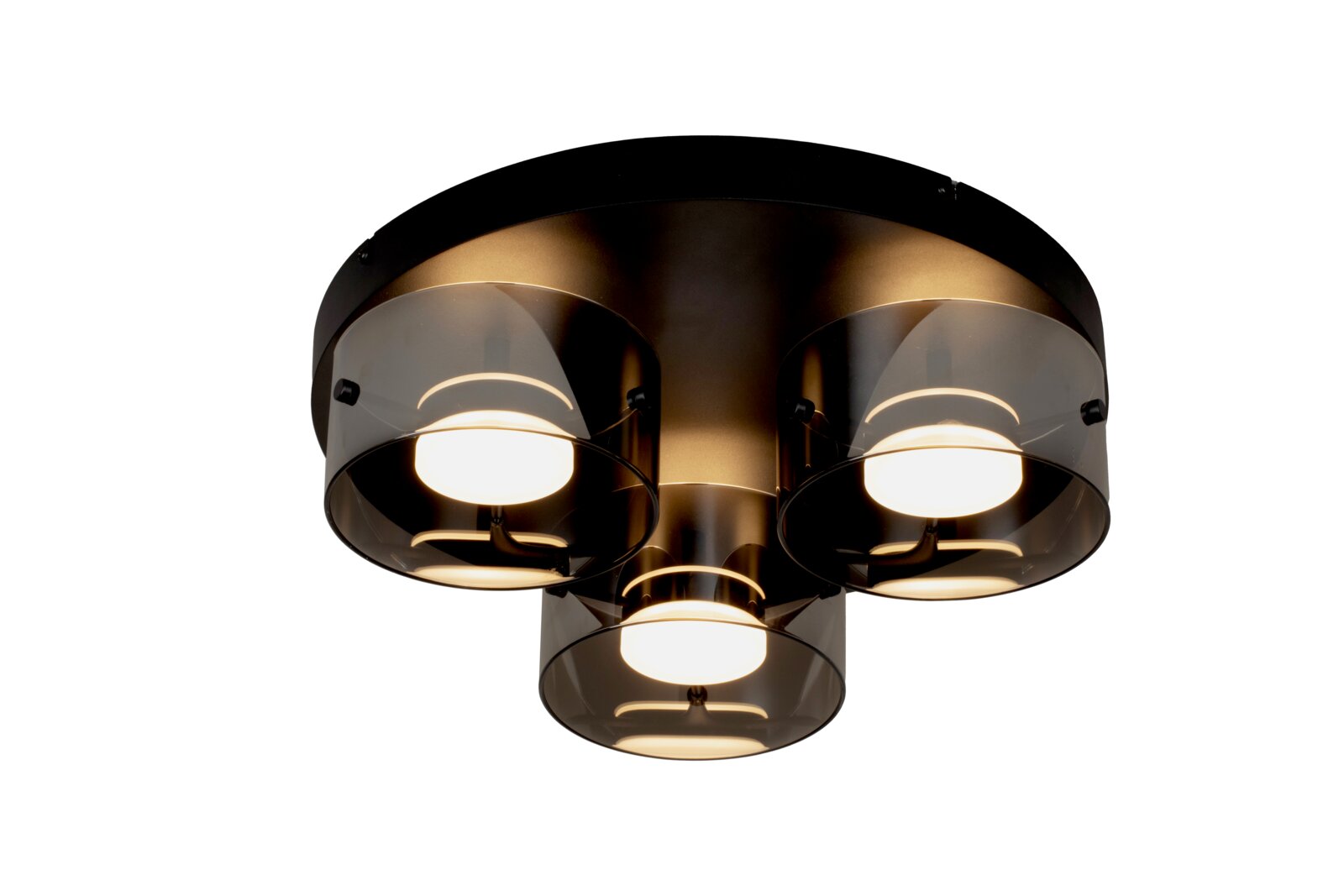 Novel LED-Deckenleuchte Moderne 3-flammige Deckenleuchte in Schwarz mit rauchfarbenen Glas-Schirmen und warmweiß leuchtenden Lampen, Ansicht von unten (Untersicht) vor weißem Hintergrund