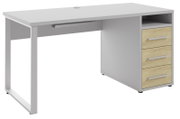 Modern bureau met drie lades in houtlook en een open legplank, zijaanzicht