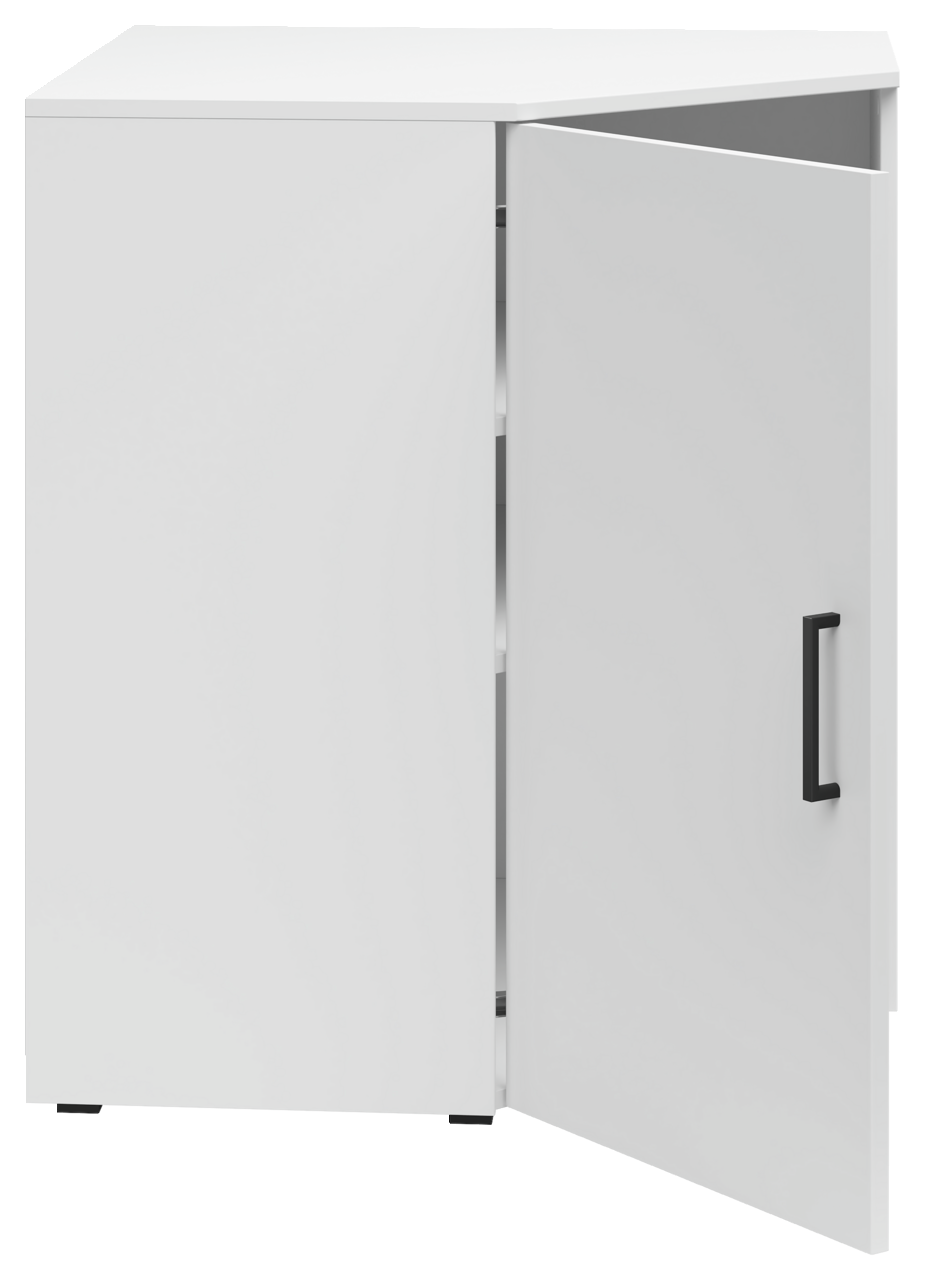 Weiße Eckkommode mit geöffneter Tür, Frontansicht