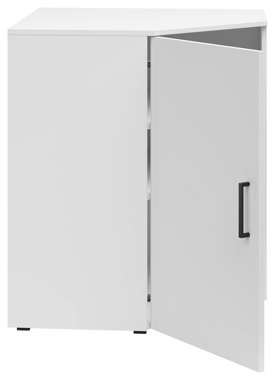 Weiße Eckkommode mit geöffneter Tür, Frontansicht