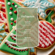 Nahaufnahme aus der Vogelperspektive auf festlich verzierte Weihnachtsplätzchen mit Duftnoten von cremiger Vanilleschote, Muskatnuss, Zimt, Zucker, Butter und Gebäck.