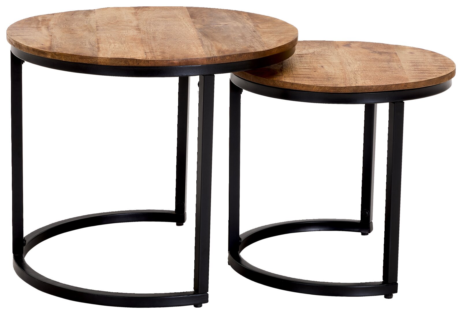 Set van twee ronde bijzettafels van hout met een zwart metalen onderstel, zijaanzicht