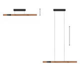 Moderne Pendelleuchte PURE-MOTO-RISE aus Holz und Metall, seitliche und frontale Ansicht.