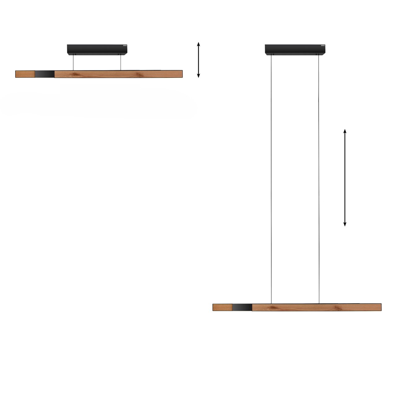 Moderne Pendelleuchte PURE-MOTO-RISE aus Holz und Metall, seitliche und frontale Ansicht.