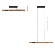 Moderne Pendelleuchte PURE-MOTO-RISE aus Holz und Metall, seitliche und frontale Ansicht.