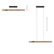 Moderne Pendelleuchte PURE-MOTO-RISE aus Holz und Metall, seitliche und frontale Ansicht.