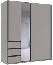 Moderner Schwebetürenschrank mit zwei Türen, einer Spiegeltür und vier Schubladen, seitliche Perspektive.