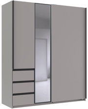Moderner Schwebetürenschrank mit zwei Türen, einer Spiegeltür und vier Schubladen, seitliche Perspektive.