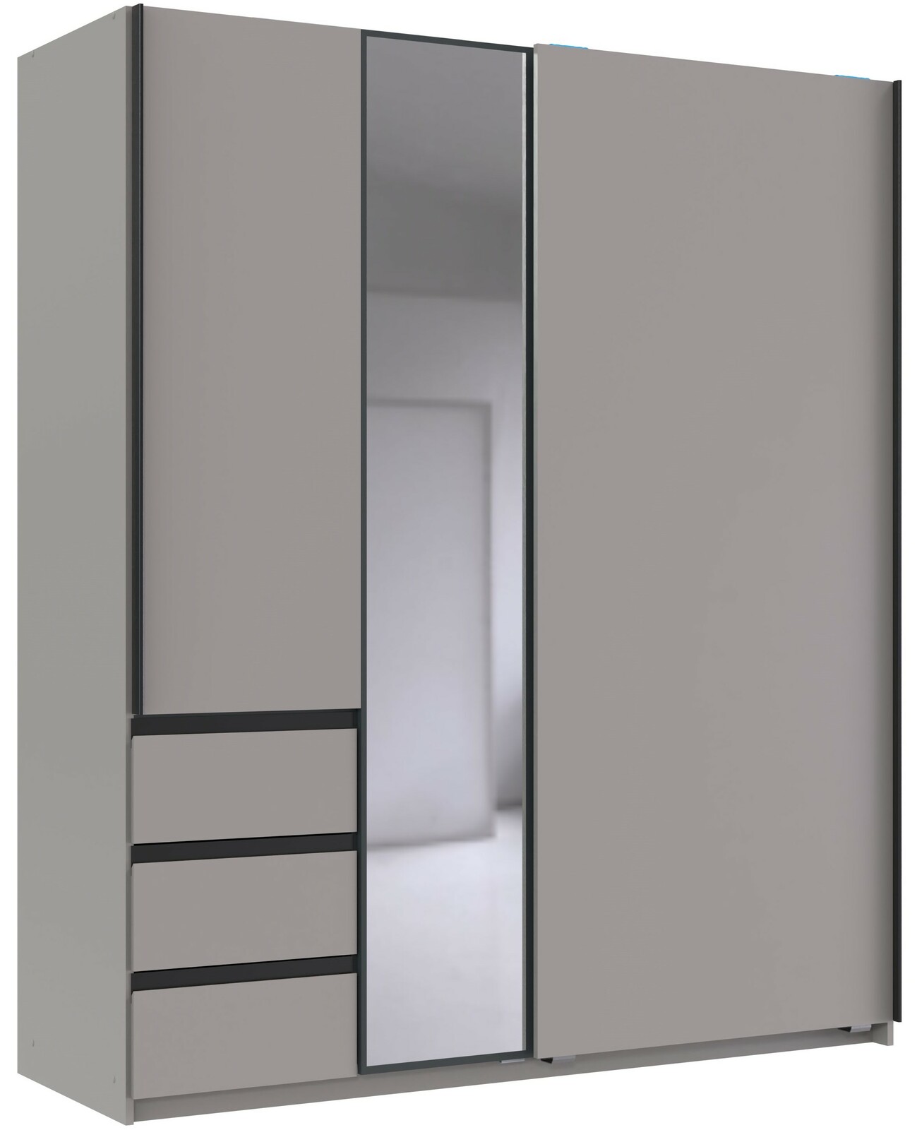 Moderner Schwebetürenschrank mit zwei Türen, einer Spiegeltür und vier Schubladen, seitliche Perspektive.
