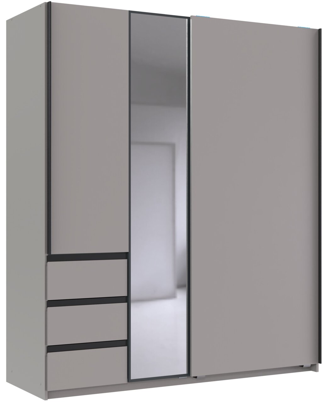 Z2 Schwebetürenschrank 2-trg. STADE Moderner Schwebetürenschrank mit zwei Türen, einer Spiegeltür und vier Schubladen, seitliche Perspektive.