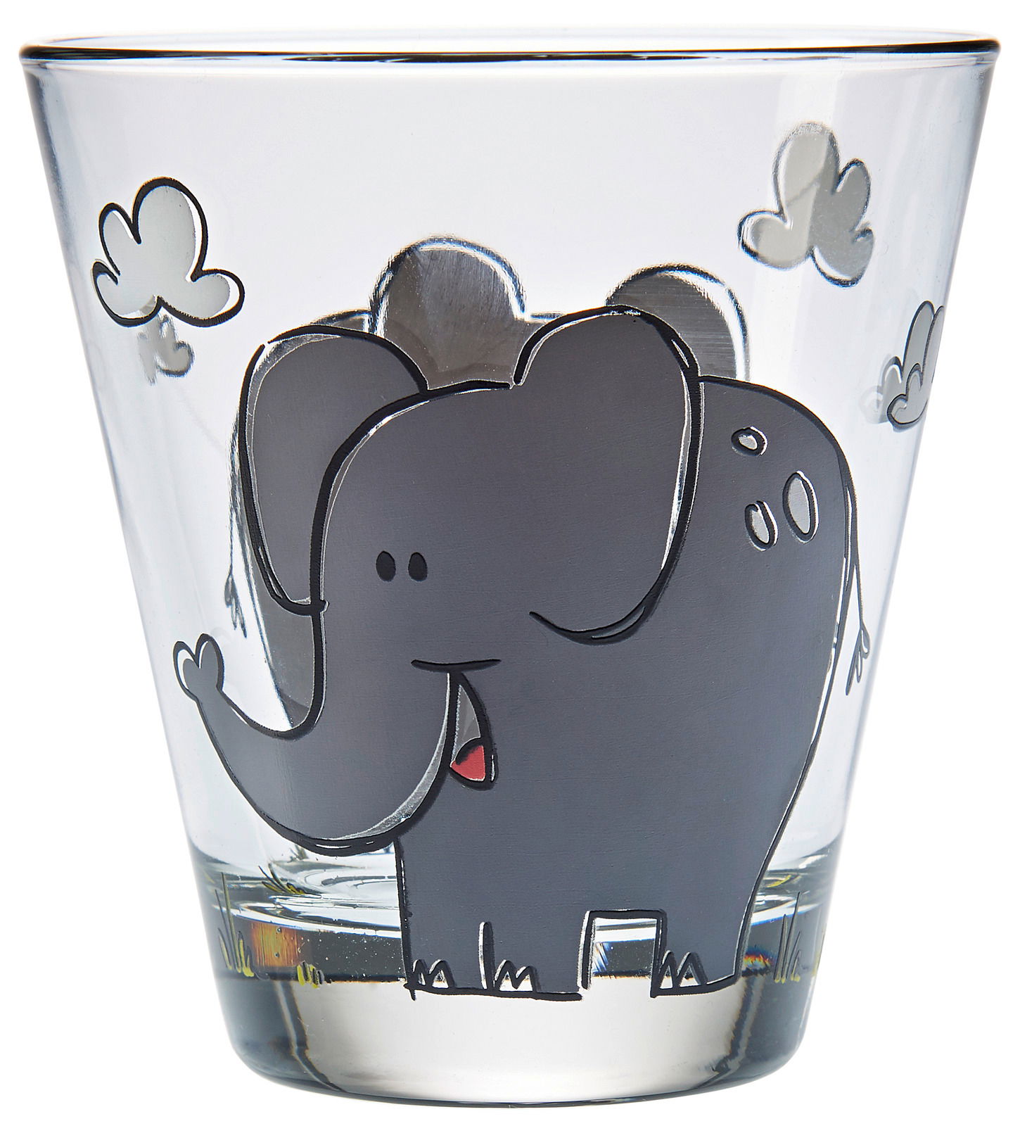 Kindertrinkglas mit Elefantenmotiv und Wolken, Vorderansicht