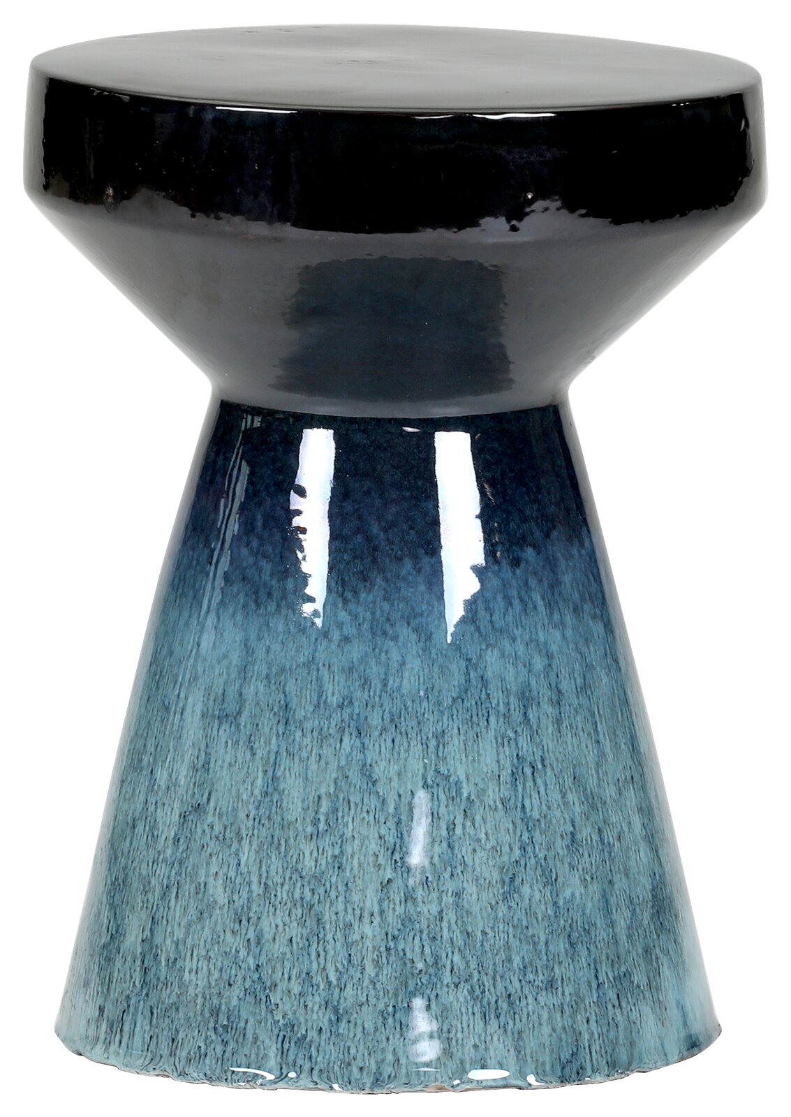 Glänzender Keramik-Hocker/Beistelltisch in Blau-Schwarz mit konischer Form, freigestellt auf weißem Hintergrund, Frontansicht
