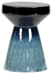 Glänzender Keramik-Hocker/Beistelltisch in Blau-Schwarz mit konischer Form, freigestellt auf weißem Hintergrund, Frontansicht