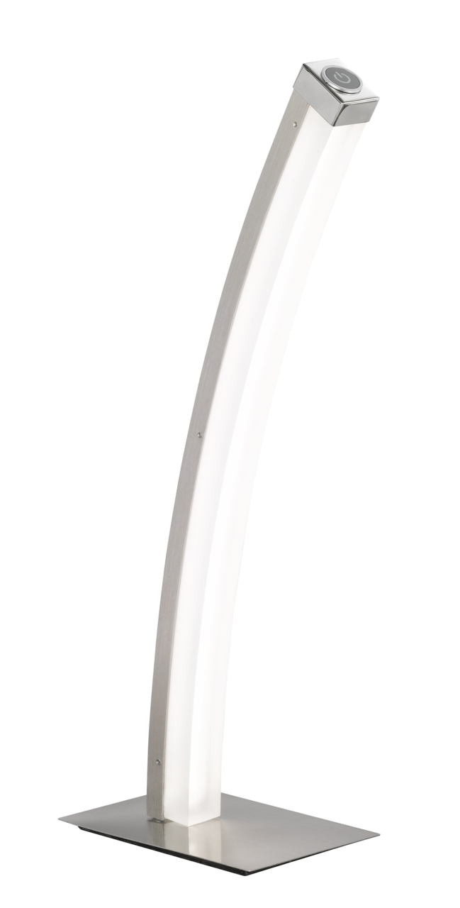 Moderne LED-Tischleuchte in gebogener Form aus Metall, seitliche Perspektive