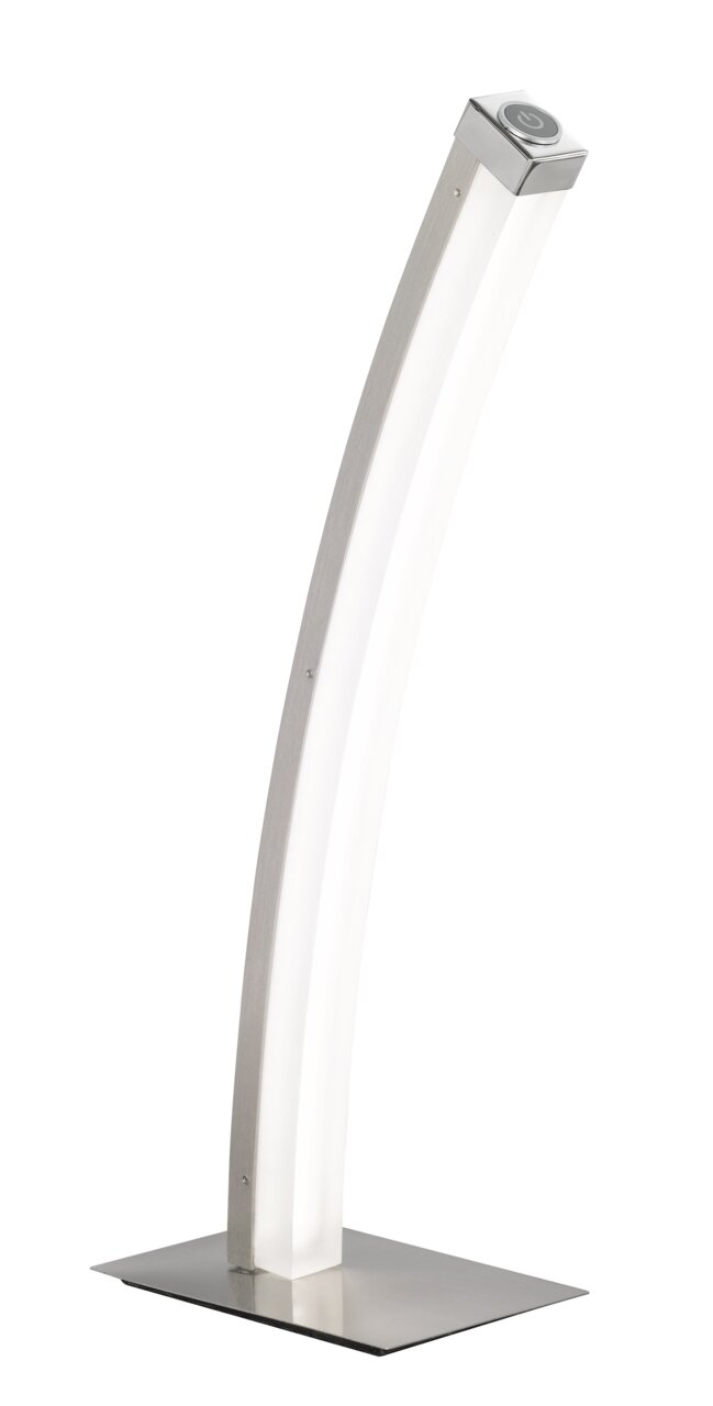Moderne LED-Tischleuchte in gebogener Form aus Metall, seitliche Perspektive