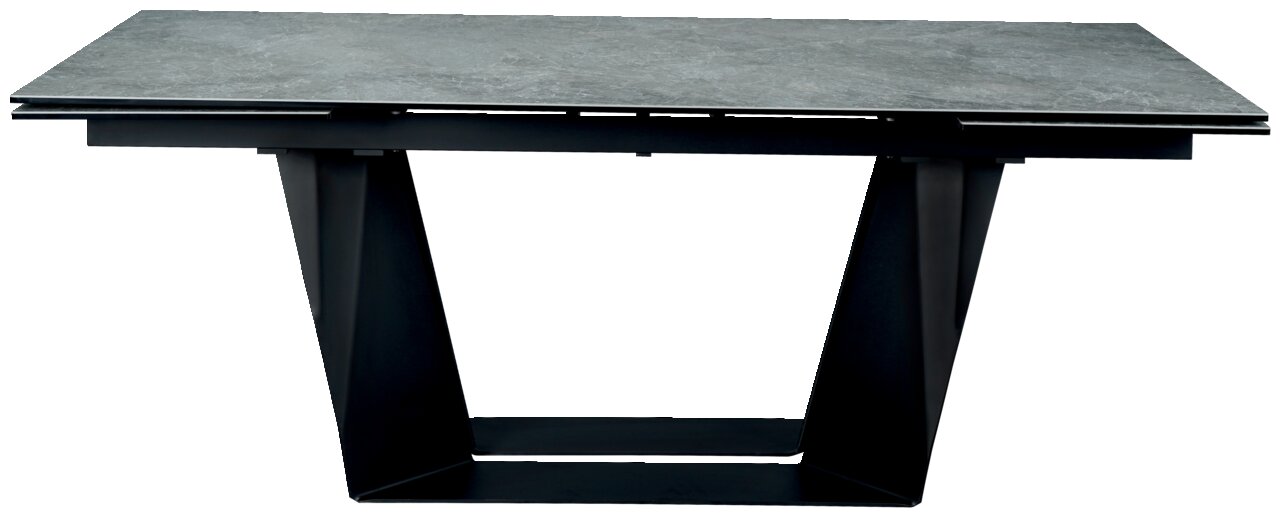 Moderner Esstisch mit grauer Tischplatte und schwarzem Metallgestell, seitliche Perspektive