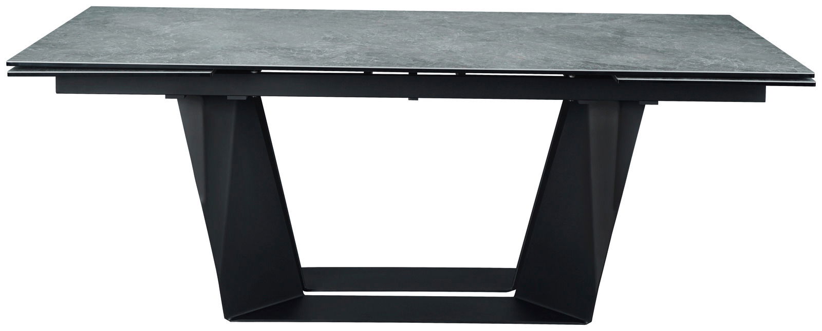 Moderner Esstisch mit grauer Tischplatte und schwarzem Metallgestell, seitliche Perspektive