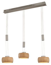 Moderne dreifache Pendelleuchte mit Holzoptik, von unten betrachtet