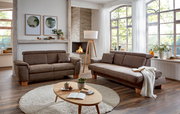 Gemütliches Wohnzimmer mit zwei braunen Sofas, einem runden Teppich und einem Holztisch, aus der Perspektive von vorne fotografiert.