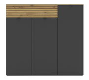 Frontansicht eines modernen, breiten XXL-Schuhschranks mit dunklen Türen und einer oberen Holzleiste.