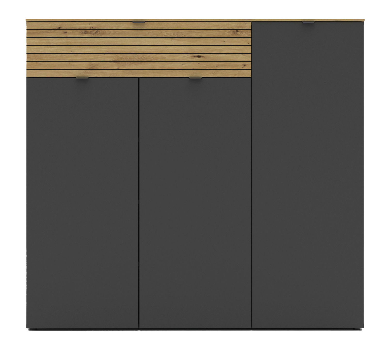 Frontansicht eines modernen, breiten XXL-Schuhschranks mit dunklen Türen und einer oberen Holzleiste.