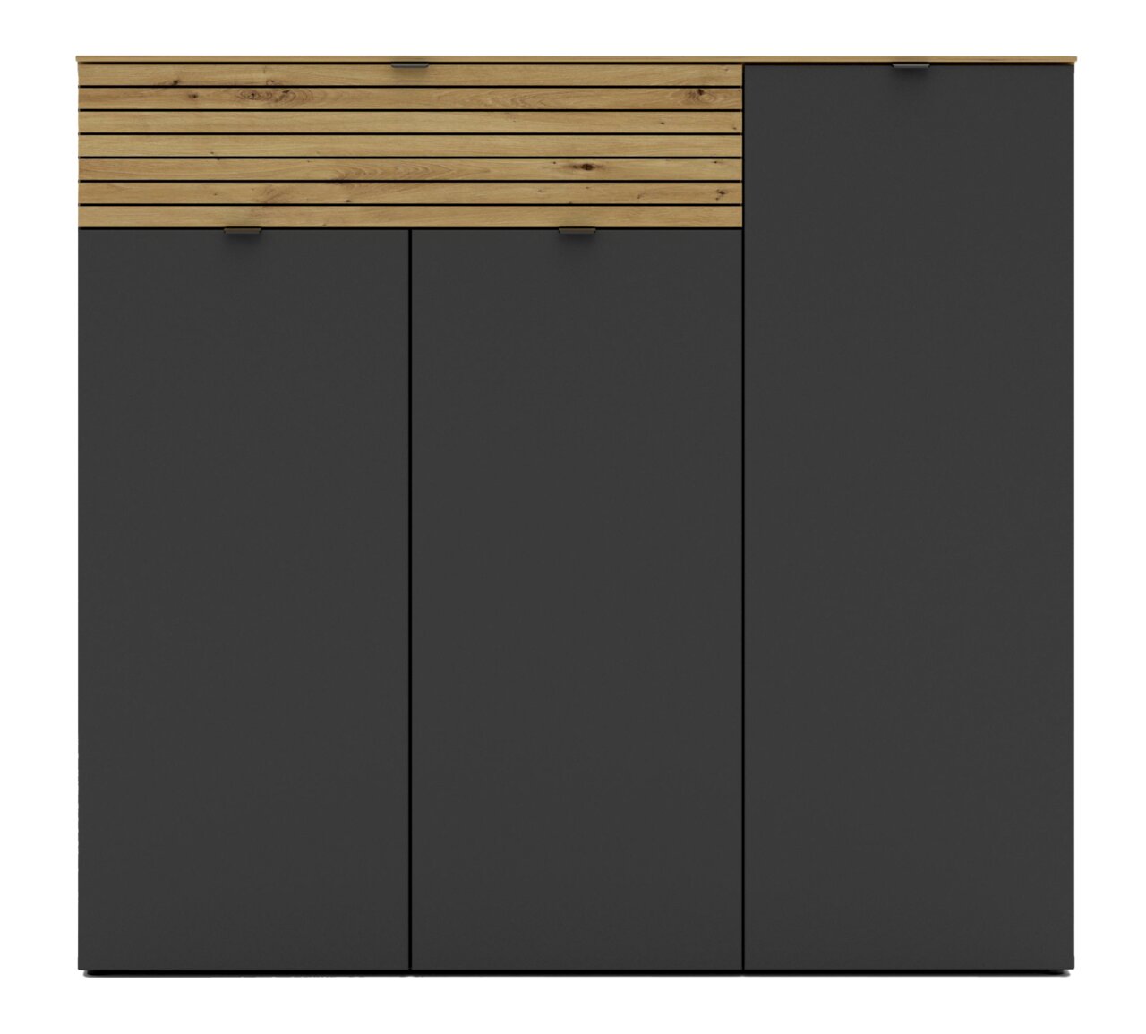Vooraanzicht van een moderne, brede XXL-schoenenkast met donkere deuren en een houten sierlijst aan de bovenkant.