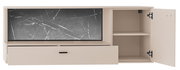 Beiges Sideboard/TV-Lowboard in Frontansicht mit schwarzer Marmoroptik-Front, unten großer Schubkasten und rechts offenes Fach mit Einlegeboden sowie geöffneter Tür
