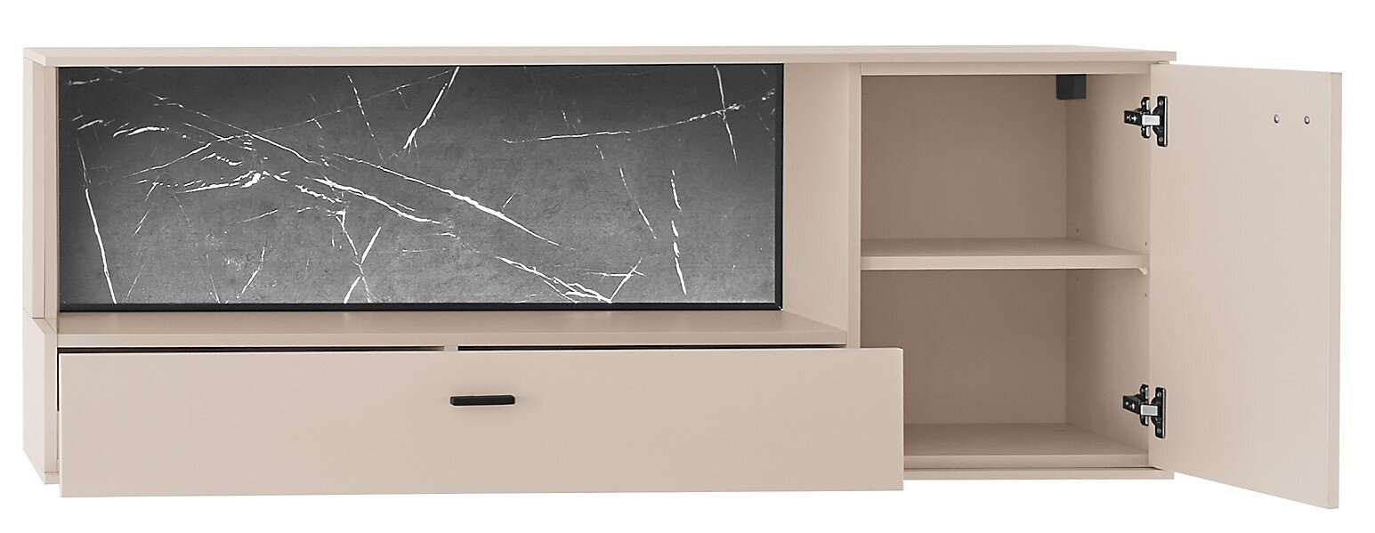 Beiges Sideboard/TV-Lowboard in Frontansicht mit schwarzer Marmoroptik-Front, unten großer Schubkasten und rechts offenes Fach mit Einlegeboden sowie geöffneter Tür