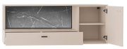 Beiges Sideboard/TV-Lowboard in Frontansicht mit schwarzer Marmoroptik-Front, unten großer Schubkasten und rechts offenes Fach mit Einlegeboden sowie geöffneter Tür