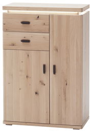 Garderobenschrank aus Holz mit zwei Schubladen und zwei Türen, frontale Ansicht