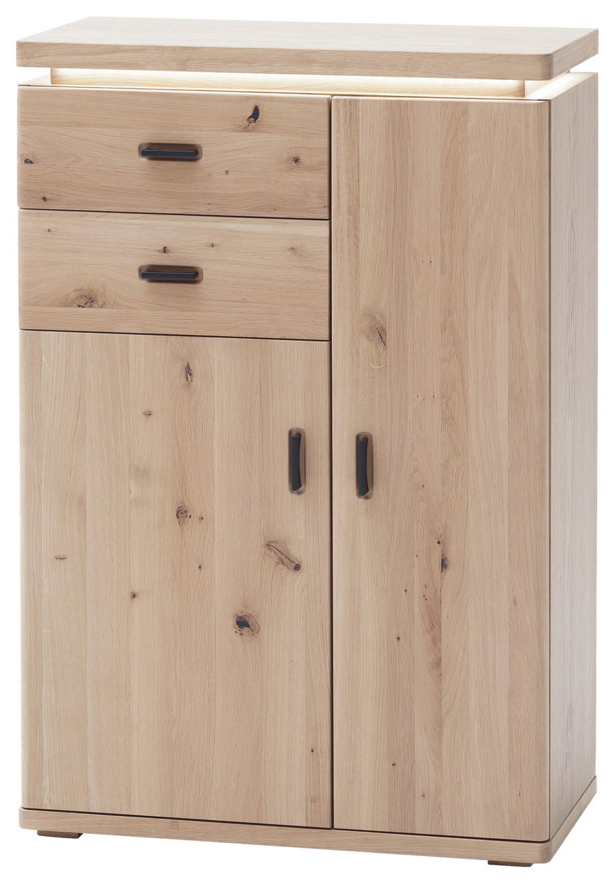 Garderobenschrank aus Holz mit zwei Schubladen und zwei Türen, frontale Ansicht