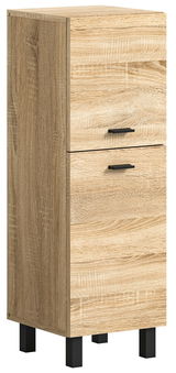Moderner Badschrank aus Holz mit zwei Schubladen und schwarzen Griffen, seitliche Perspektive