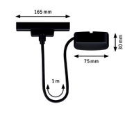 Stromeinspeisung in schwarzer Farbe, bestehend aus einem rechteckigen Anschluss mit 165 mm Breite und 30 mm Höhe, verbunden durch ein 1 m langes Kabel mit einem kleineren rechteckigen Modul von 75 mm Breite. Draufsicht.