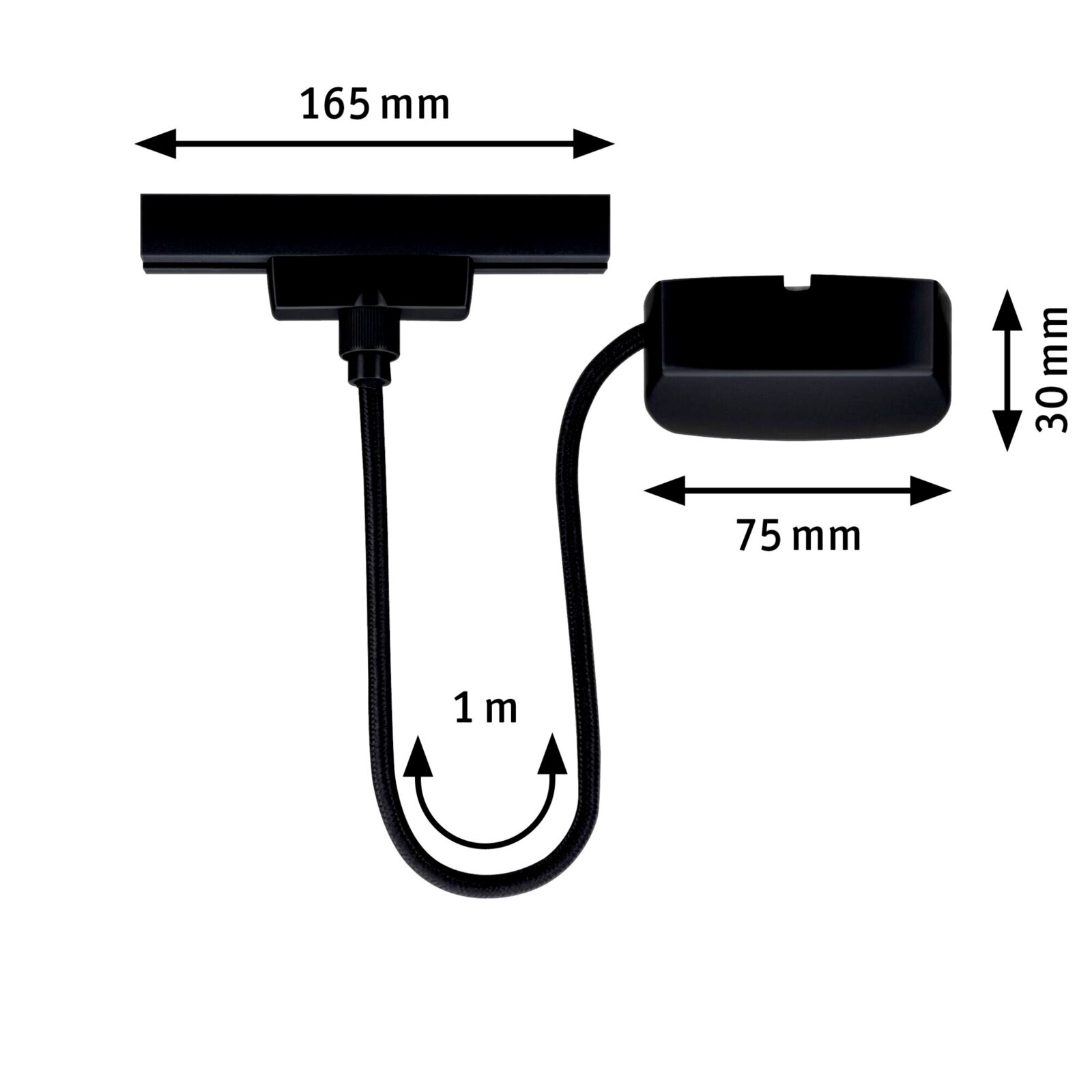 Stromeinspeisung in schwarzer Farbe, bestehend aus einem rechteckigen Anschluss mit 165 mm Breite und 30 mm Höhe, verbunden durch ein 1 m langes Kabel mit einem kleineren rechteckigen Modul von 75 mm Breite. Draufsicht.