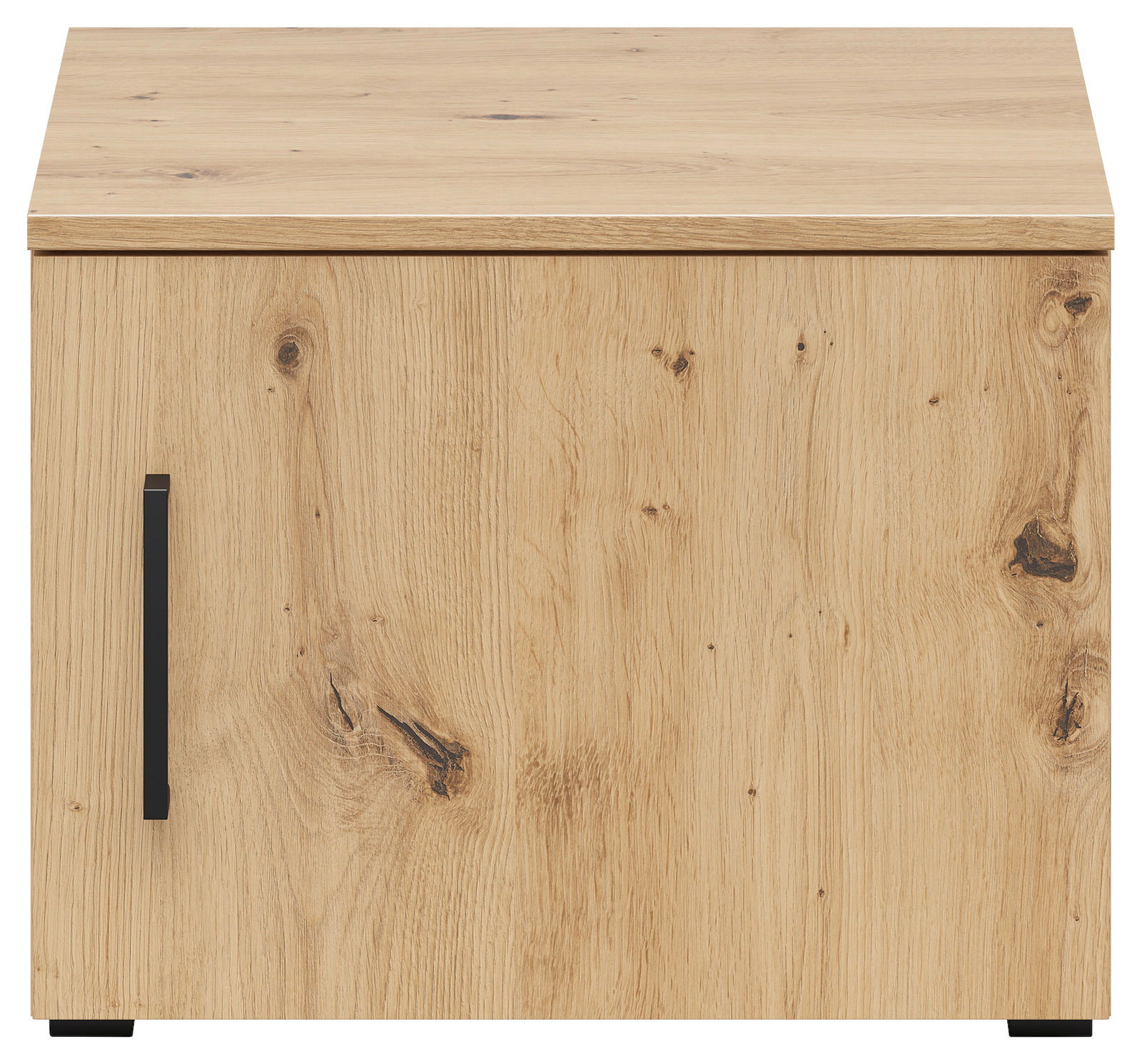 Frontansicht eines hölzernen Aufsatzschranks mit natürlicher Maserung und schwarzem Griff.