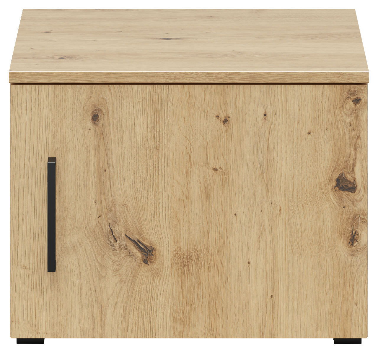 Frontansicht eines hölzernen Aufsatzschranks mit natürlicher Maserung und schwarzem Griff.