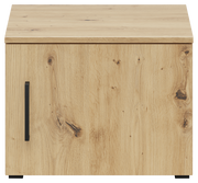 Frontansicht eines hölzernen Aufsatzschranks mit natürlicher Maserung und schwarzem Griff.