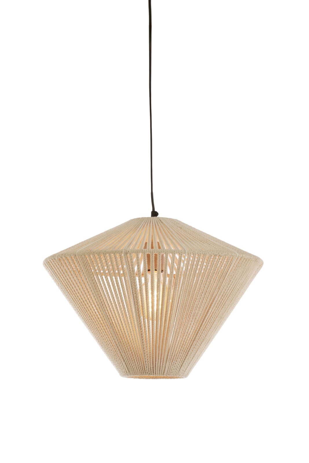 Hängeleuchte mit konischem Design aus geflochtenem Material, seitliche Perspektive