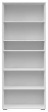 Frontale Ansicht eines breiten, weißen Aktenregals mit fünf offenen Fächern.