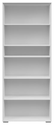 Frontale Ansicht eines breiten, weißen Aktenregals mit fünf offenen Fächern.