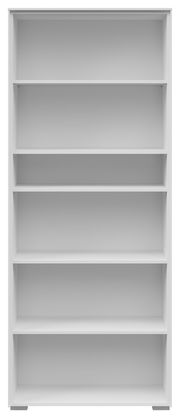 Frontale Ansicht eines breiten, weißen Aktenregals mit fünf offenen Fächern.