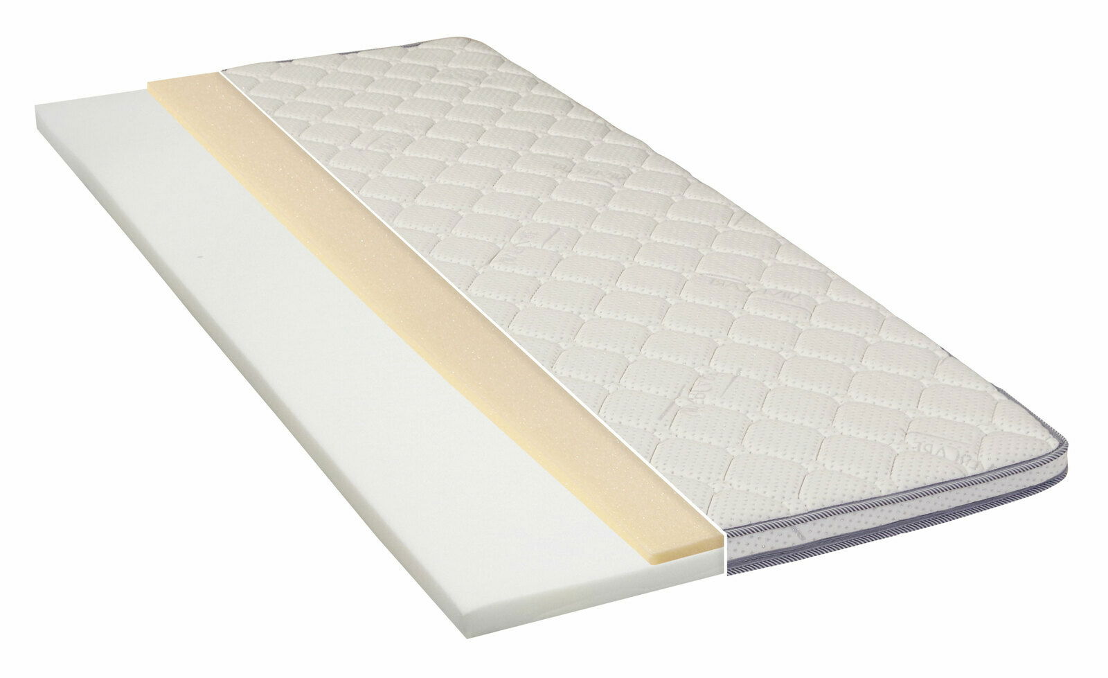 Viscotopper in seitlicher Perspektive mit sichtbaren Schichten und gestepptem Bezug