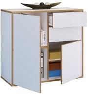 Modernes Sideboard/Kommode in Weiß mit Holzrahmen, offene Türen und sichtbaren Ablagefächern; Ansicht schräg von vorne (leicht von oben)