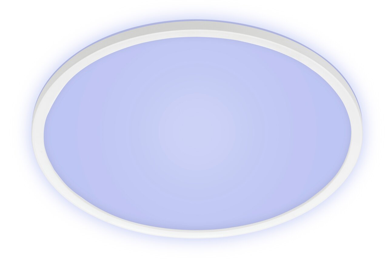 Runde LED-Deckenleuchte mit weißem Rahmen und blauer Lichtfläche, Ansicht von unten