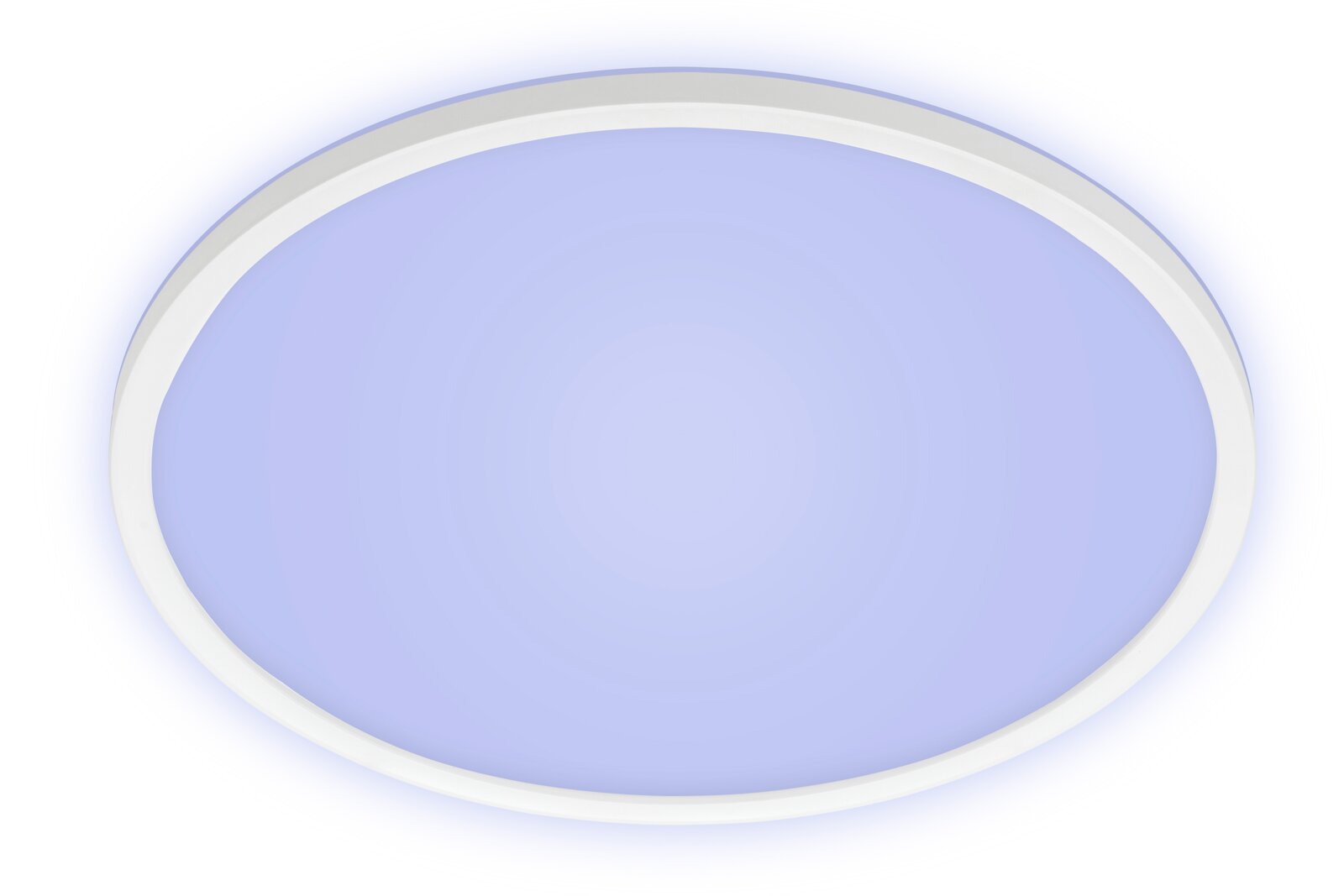 Ronde led-plafondlamp met wit frame en blauw lichtoppervlak, gezien van onderaf
