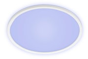 Runde LED-Deckenleuchte mit weißem Rahmen und blauer Lichtfläche, Ansicht von unten